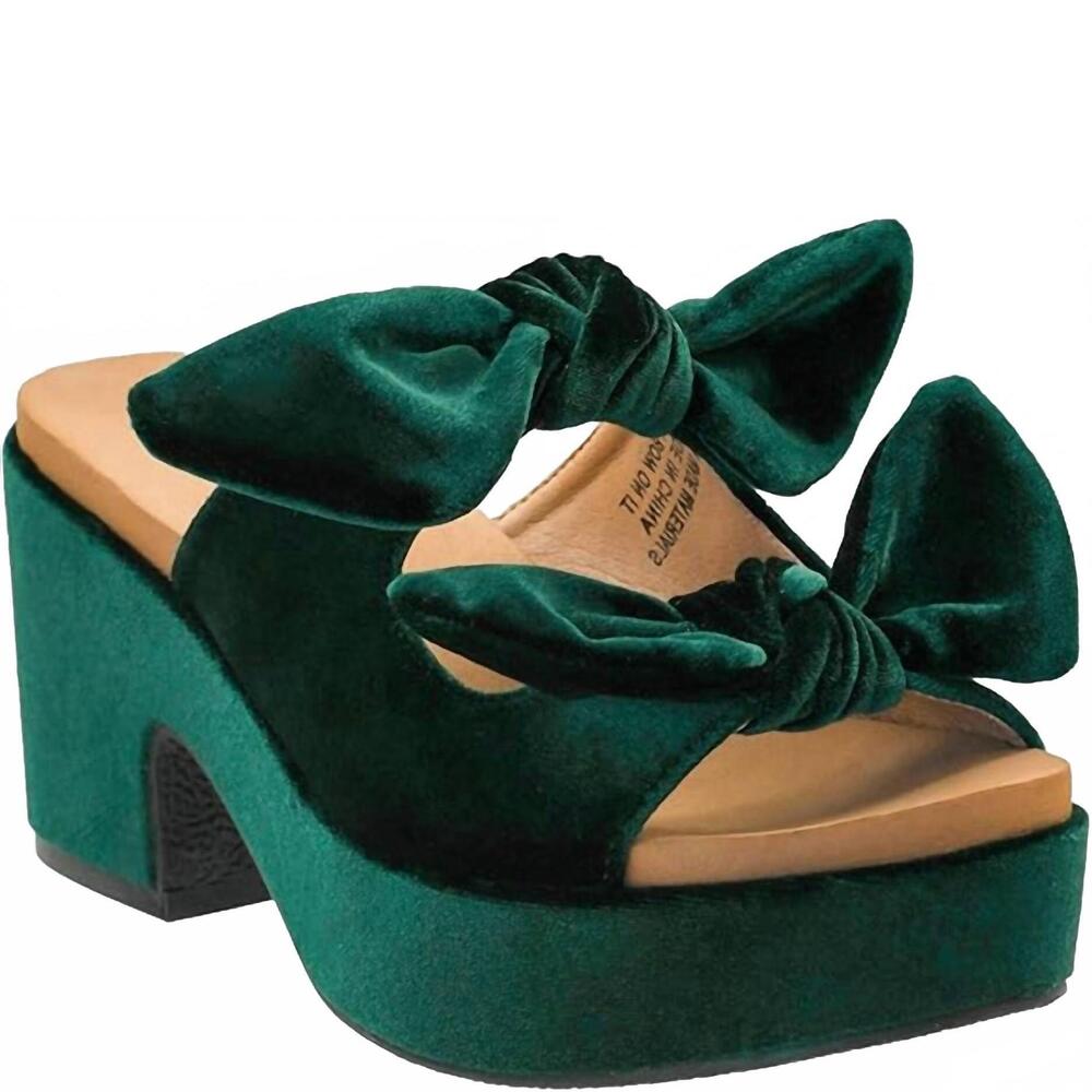 NEW CORKYS FOOTWEAR women's put a bow on it velvet heeled sandal in green - Picture 5 of 7